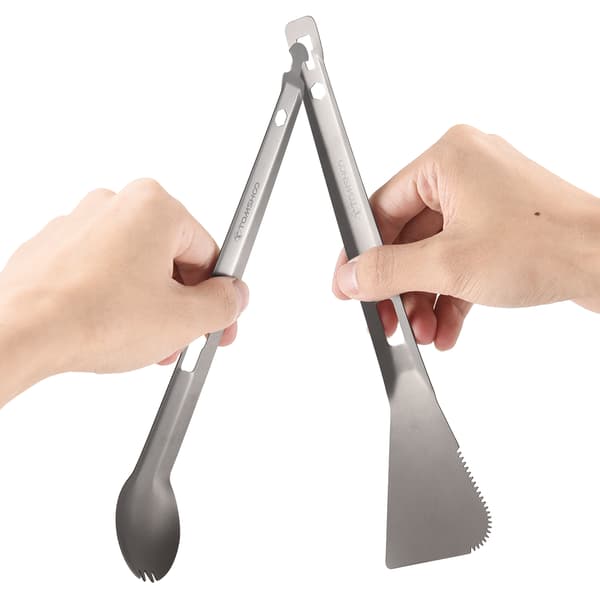 Multifunktionel Titanium BBQ-tang med ske-gaffel og takket spatel til camping og picnics