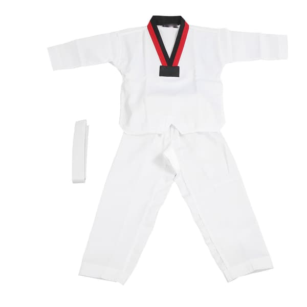 Taekwondo-uniform til børn med bælte, polyester og bomuld, åndbar, blød, til kampsportstræning (størrelse L)