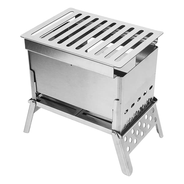 Bærbar sammenklappelig brændeovn i rustfrit stål til camping, grill og udendørs brug.