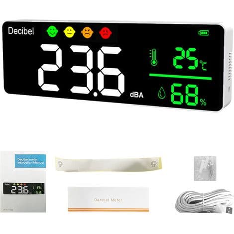 Digital lydniveaumåler (decibelmåler), termometer, hygrometer, 3-i-1 detektor, indendørs vægmontering, storformat billedtester