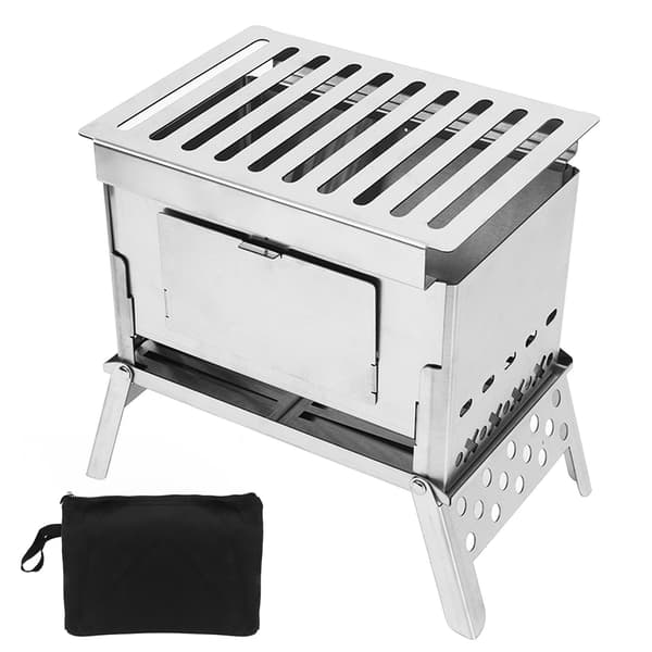 Bærbar sammenleggbar vedovn i rustfritt stål for camping, grilling og utendørs bruk.