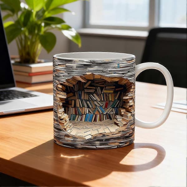 3D Biblioteksmugg - Bokformad mugg med 3D-effekt, kreativ design för ditt utrymme, mångsidig.