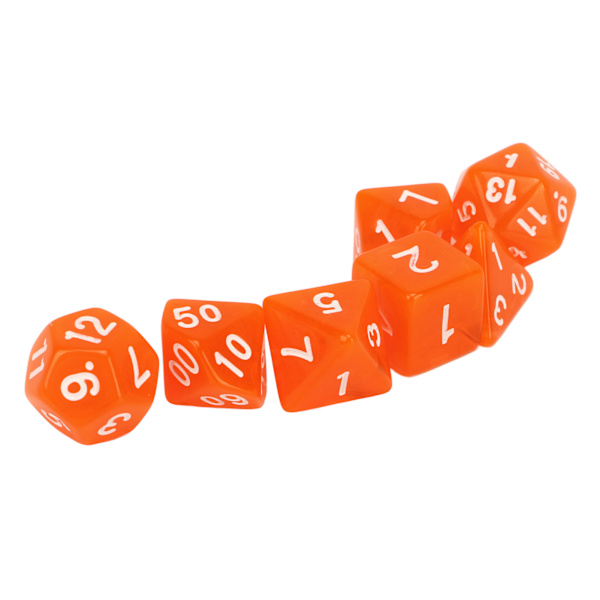 Set med 7 mini transparenta orange akryl polyhedral tärningar för brädspel