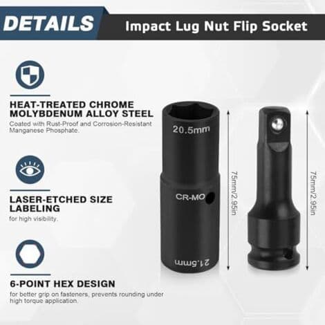 19,5 18,5 20,5 21,5 mm hjulmutterpipe, dobbelthodet hjulmuttertrekker for Ford-muttere, 1/2\" krom-molybden stål slagpipe sett