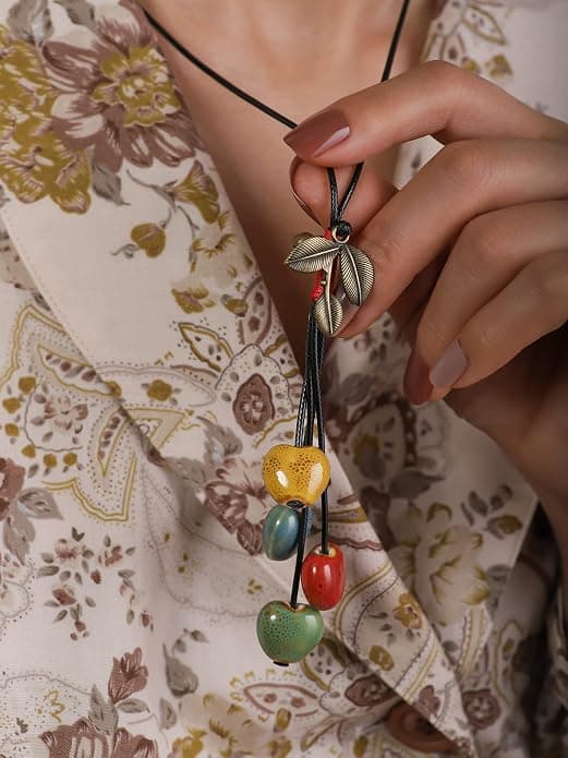 Bøhmisk blad- og farverig hjerteformede perler Lariat halskæde, lange smykker til kvinder