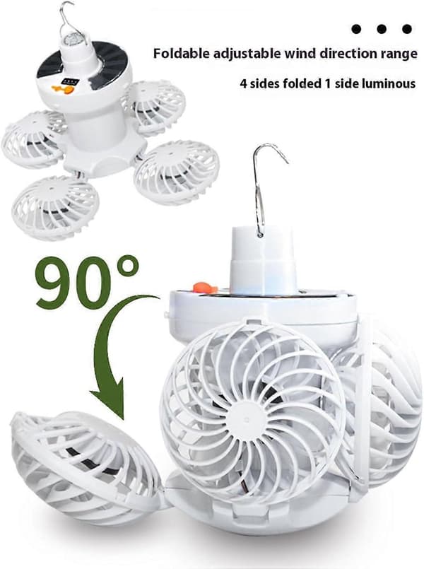 Loftventilator med solceller og lys, lydløs drift med dobbeltfunktion og foldbar krog.