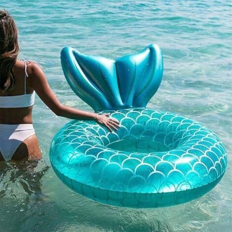 Vuxen sjöjungfruflottör (blå, uppblåst ytterdiameter 110 cm), roligt simtillbehör för pool, pump ingår ej.