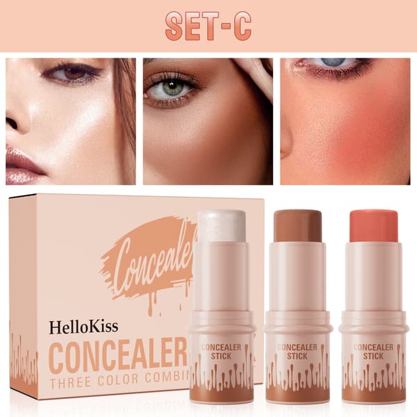 3 stk. Makeup Stick Sæt, Creme Contour Blush Highlighter Stick Kit, 3 Farvepaletmuligheder, Blenda... B