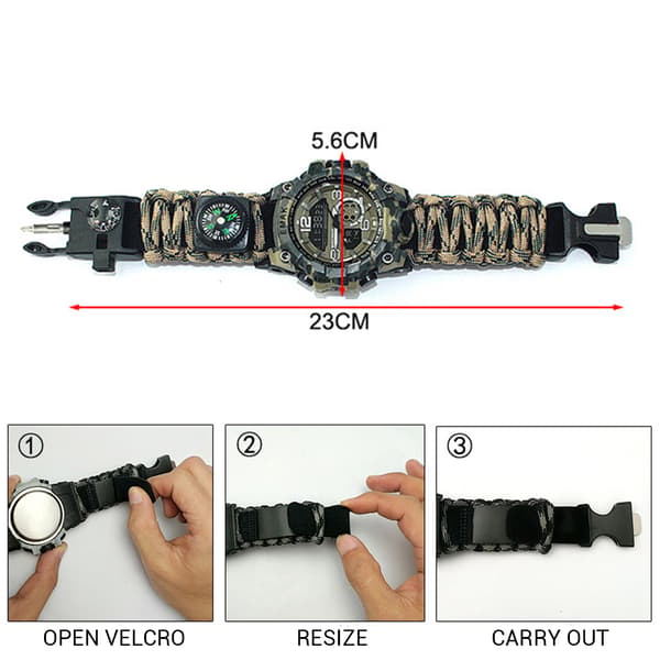 Multifunksjonell overlevelsesklokke med kompass, fløyte og paracord for utendørs camping