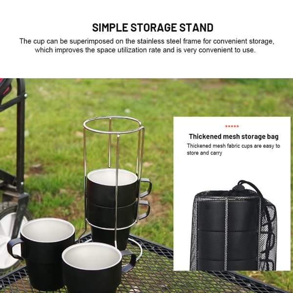 Set med 4 stapelbara kaffekoppar med ställ, 304 rostfritt stål isolerade, för camping