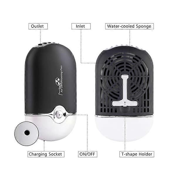 Mini bärbar luftkonditionering/fläkt uppladdningsbar via USB (svart)