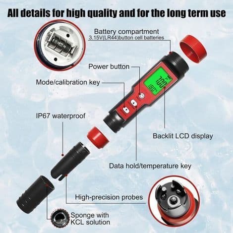 7-i-1 pH-meter – Vandkvalitetstester med pH, klor, salinitet, ORP, TDS, EC, temperatur – 3-punkts automatisk kalibrering