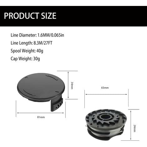 Pakke med 10 erstatningsspoler og deksler til Parkside PRTA 20-Li A1/B1/B2/C3, PRT 300 A1, PRT 550 A1/A3 gresstrimmere (8 spoler + 2 deksler)