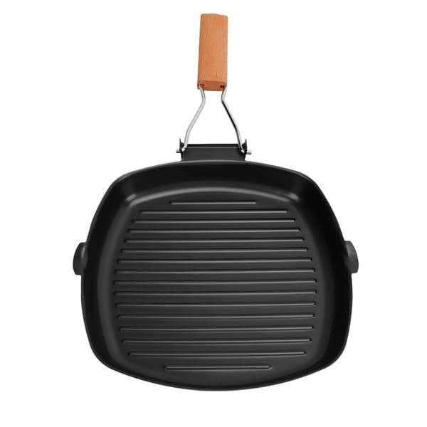 Non-stick stegepande i smedejern med foldbart træhåndtag til camping, 24 cm.