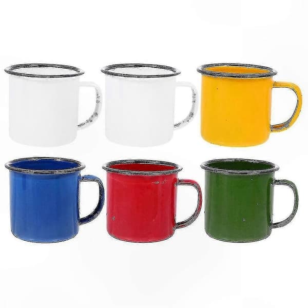 Et sæt med 6 emaljerede campingkrus, med et retrodesign, holdbare og velegnede til kaffe, te og andre drikkevarer.