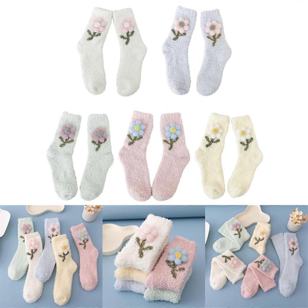 Vintervarme korallfleece gulvsokker for kvinner/jenter, søte 3D blomster plysj sengesokker