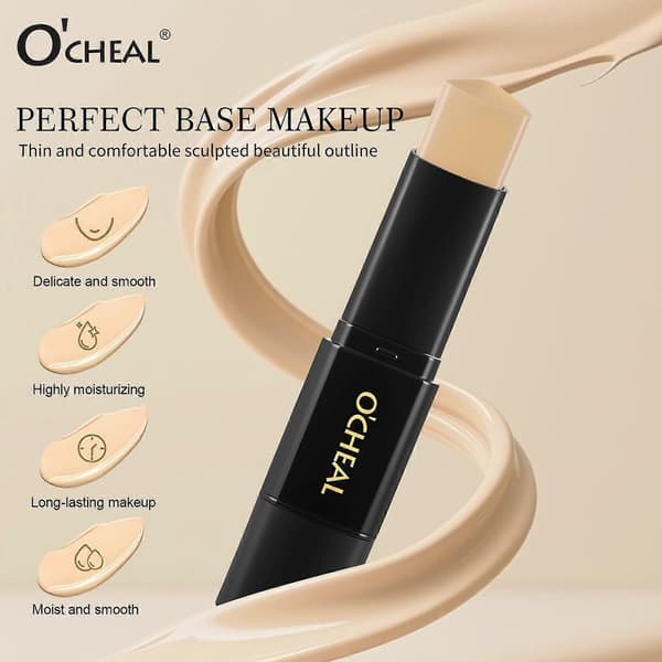 Dobbeltsidig fargeendrende foundationstift med avtakbar børste, middels til full dekning naturlig finish base makeup stift for daglig ansiktsmakeup
