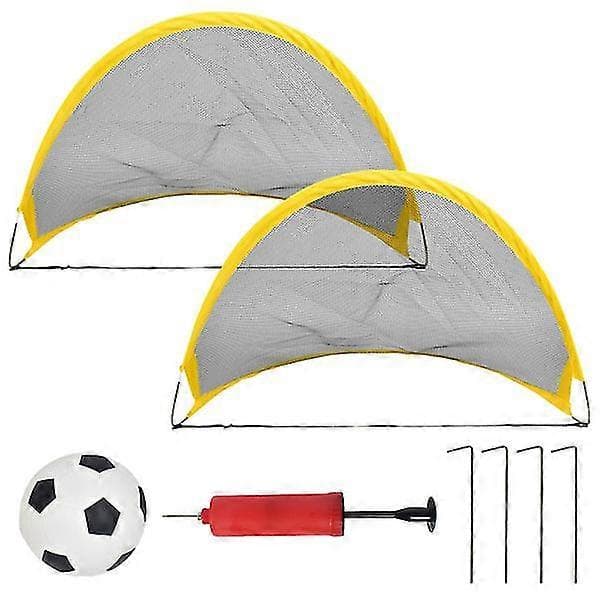 Fodboldlegetøjssæt inkluderer 2 mini fodboldmålnet til børn, 1 fodbold, 1 luftpumpe og 4 pløkker.