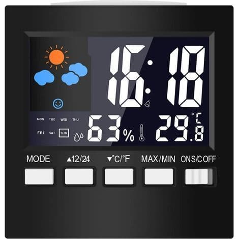 LCD digital termometer, väderstation, klocka och alarm, kalender, hygrometer, hemtemperatur och luftfuktighet