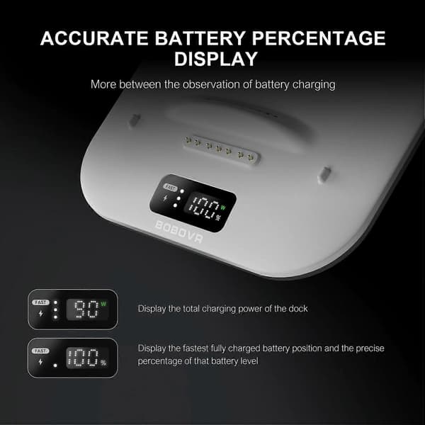 BOBOVR BD3 laddningsdocka stöder tre B100-batterier och levereras med en 30W snabbladdare.