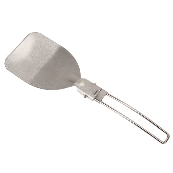 Sammenfoldelig spatel lavet af 304 rustfrit stål med låsemekanisme, let og bærbar til camping og madlavning.