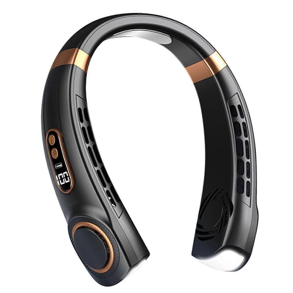 Bærbar halsventilator, 1800 mAh, genopladelig via USB-C og USB, 5 hastigheder (sort)