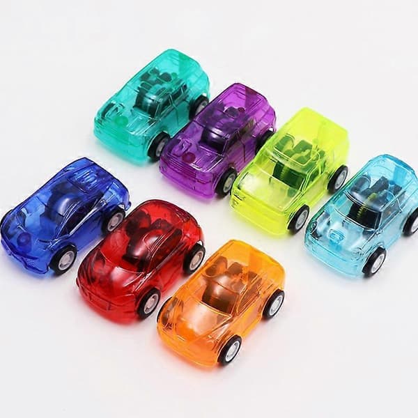 Söt minibilmodell med pull-back-funktion i godisfärgad transparent plast, lämplig för barn.
