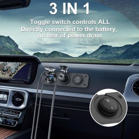 Billaderbryterpanel, 12V-24 doble QC3.0 USB-porter + PD-port + vippebryter på/av (B)