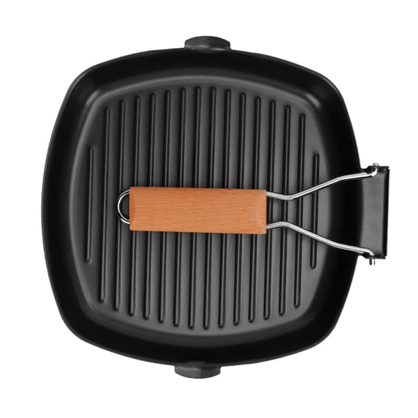 Non-stick stegepande i smedejern med foldbart træhåndtag til camping, 24 cm.