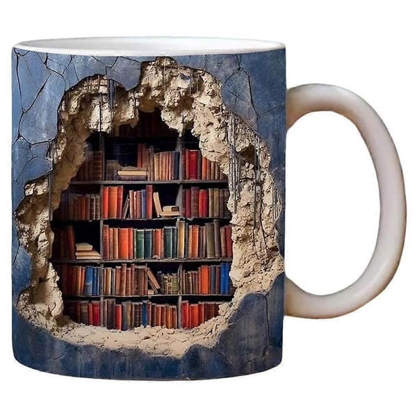 3D Biblioteksmugg - Bokformad mugg med 3D-effekt, kreativ design för ditt utrymme, mångsidig.