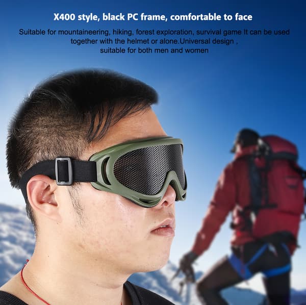 Taktiset Mesh X400 -lasit teräslinsseillä ulkoiluun, armeijan väri
