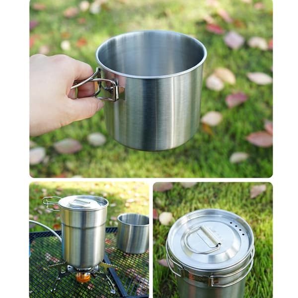 Bærbart kokekarsett i 304 rustfritt stål med gryte og kopp for camping, backpacking og piknik.