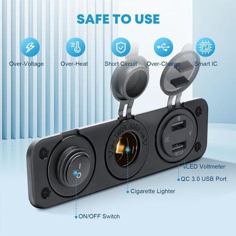 Bilopladerkontaktpanel, 12V-24 dobbelte QC3.0 USB-porte + PD-port + vippekontakt til/fra (B)