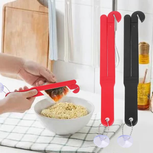 Plastposeåpner, matposeåpner, emballasjeposeåpner med sugekoppkjede og rustfritt stålblad.
