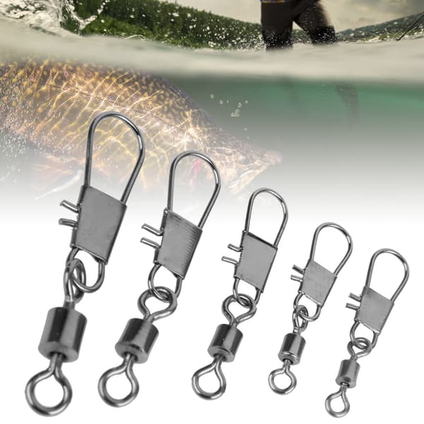 Fiskekontakt med solid kolstålsring, svängbar kullager och dubbelt låsspänne.