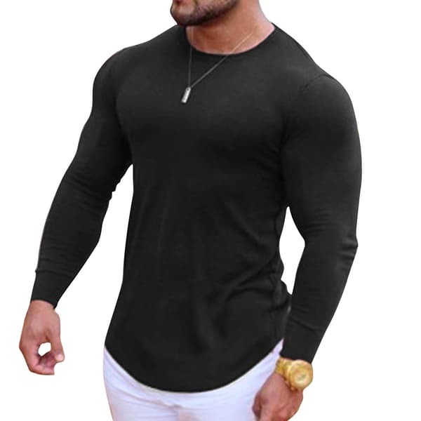 Mænds langærmet tætsiddende T-shirt med elastisk linning, hurtigtørrende bomuldsblanding, sort XXL
