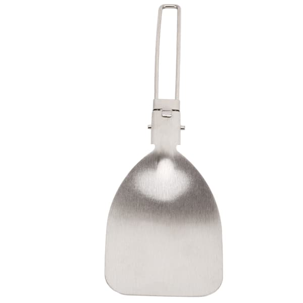 Sammenleggbar stekespade laget av 304 rustfritt stål med låsemekanisme, lett og bærbar for camping og matlaging.