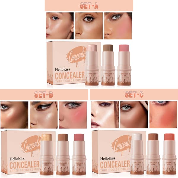 3 stk. Makeup Stick Sæt, Creme Contour Blush Highlighter Stick Kit, 3 Farvepaletmuligheder, Blenda... B