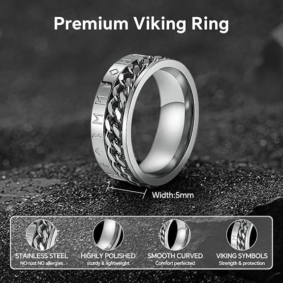 Fidgetring för män, spinnerring i rostfritt stål för män med vikingarunor, ångestlugnande humörrotering.