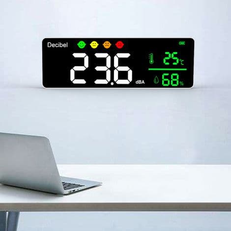 Digital lydniveaumåler (decibelmåler), termometer, hygrometer, 3-i-1 detektor, indendørs vægmontering, storformat billedtester
