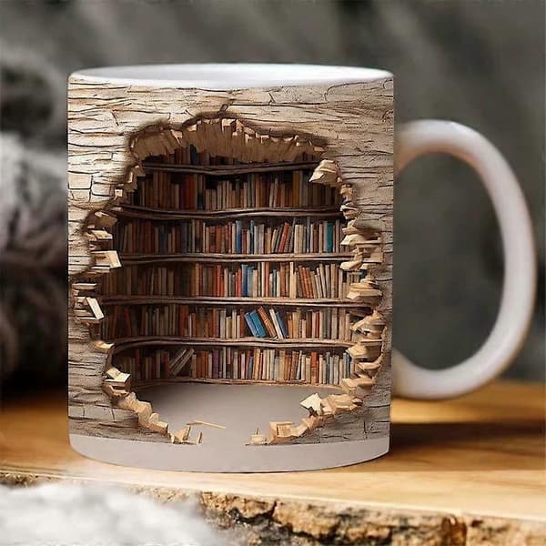 3D Bibliotekskrus - Bogformet krus med 3D-effekt, kreativt design til dit rum, alsidigt.
