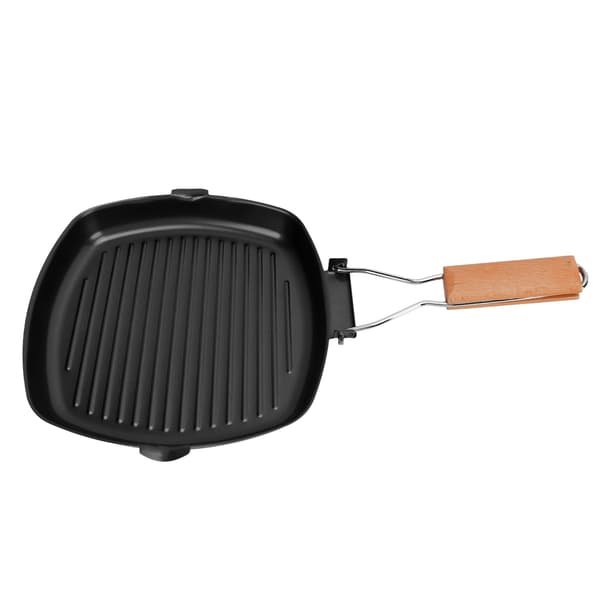 Non-stick stegepande i smedejern med foldbart træhåndtag til camping, 24 cm.
