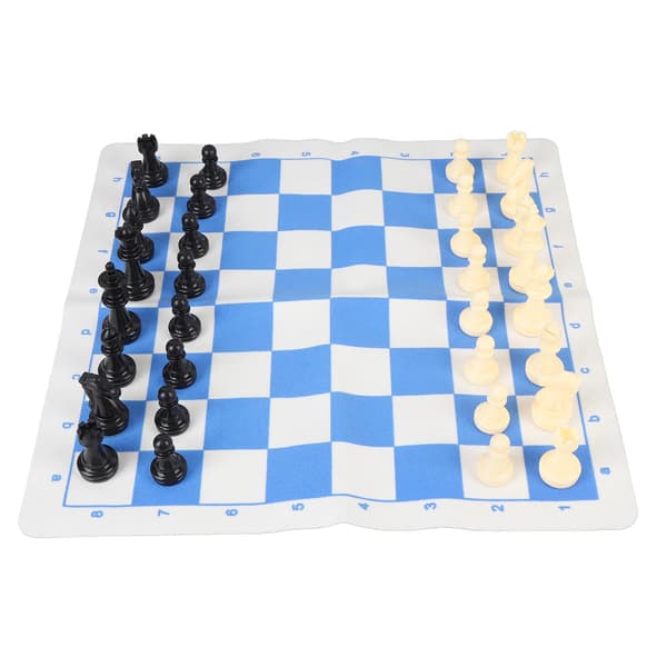 Bärbart schackset, plastpjäser, PU-bricka, blått och vitt, svart förvaringsväska