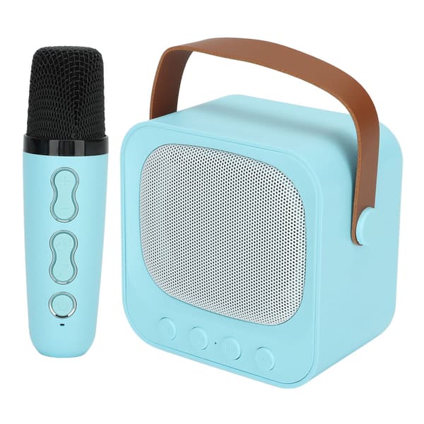 Bærbar Mini Karaokemaskine med Bluetooth Højttaler og Trådløs Mikrofon, Bas- og Diskantjustering, Blå