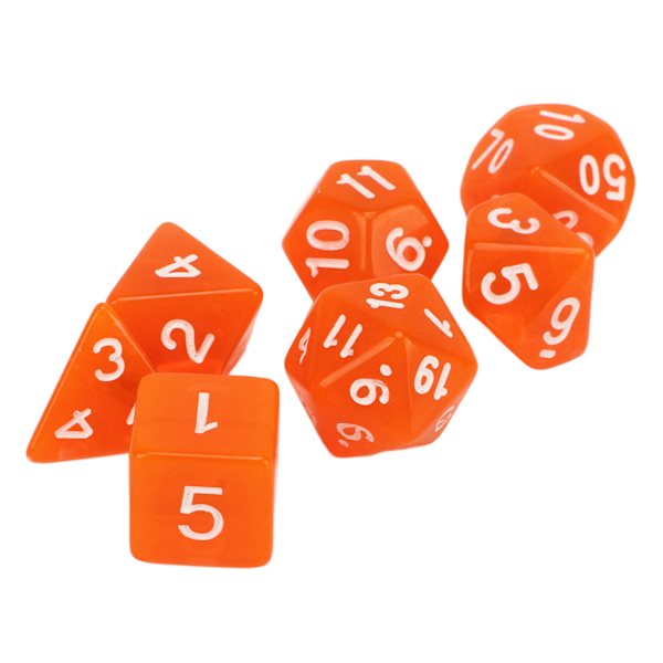 Set med 7 mini transparenta orange akryl polyhedral tärningar för brädspel
