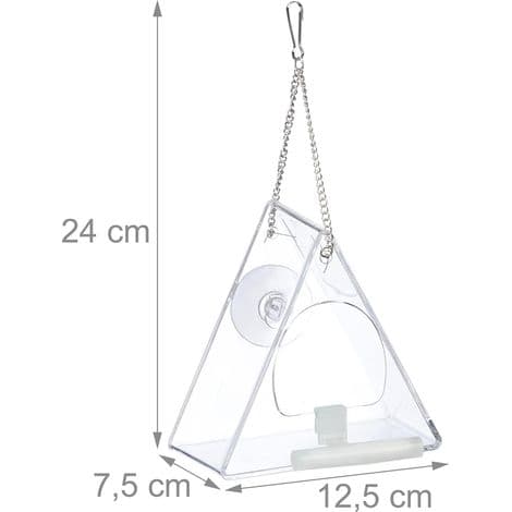 Trekantet fuglefoderbræt i akryl, hængende foderbræt, til vindue, 13 x 12,5 x 7,5 cm, transparent