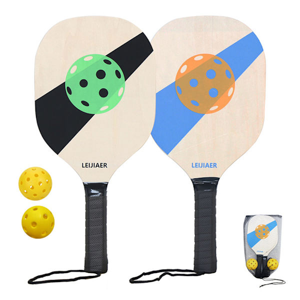Pickleball-sæt i træ med 2 bat, bolde og netpose til begyndere
