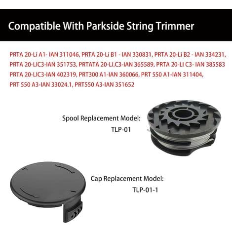 Pakke med 10 erstatningsspoler og deksler til Parkside PRTA 20-Li A1/B1/B2/C3, PRT 300 A1, PRT 550 A1/A3 gresstrimmere (8 spoler + 2 deksler)