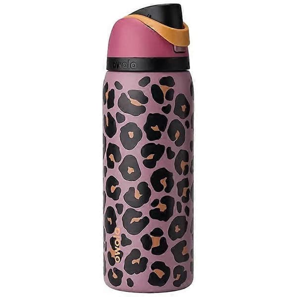 Owala Jungle Stroll lyserød leopardprint vandflaske, 710 ml (24 oz), rustfrit stål, FreeSip (gave)