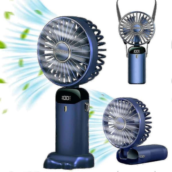 Kompakt, sammenfoldelig og USB-genopladelig lommeventilator, leveres med en duftende snor (blå).